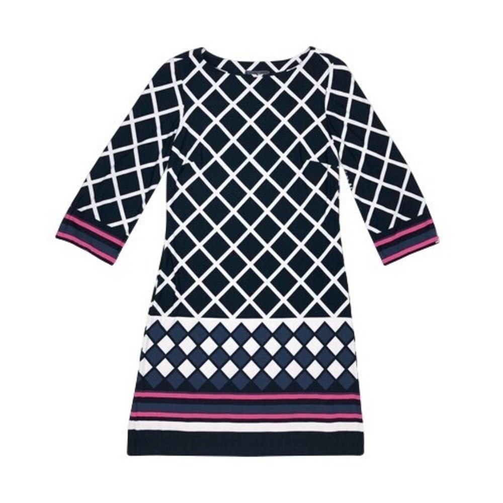 Jessica Howard Black White‎ Lattice Print Stretchy Shift Dress 3/4 Sleeves Small
